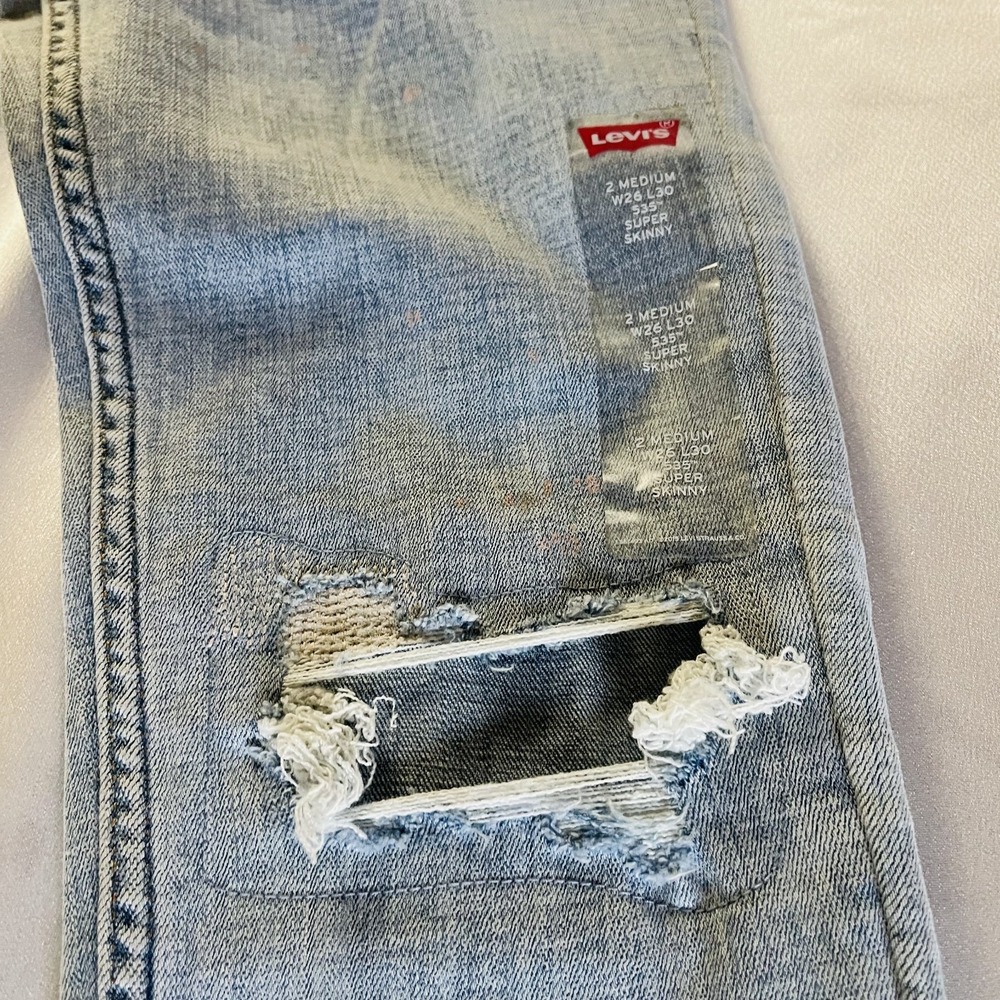 New Levis 535 Super Skinny Jeans Womens Size 26x30 Blue Denim Faded Distressed - Picture 10 of 13